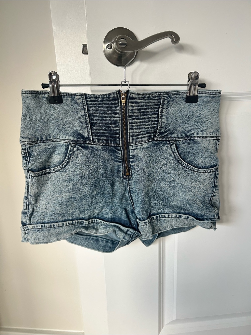 Love Culture High-Waist Acid Wash Denim Shorts with Front Zip